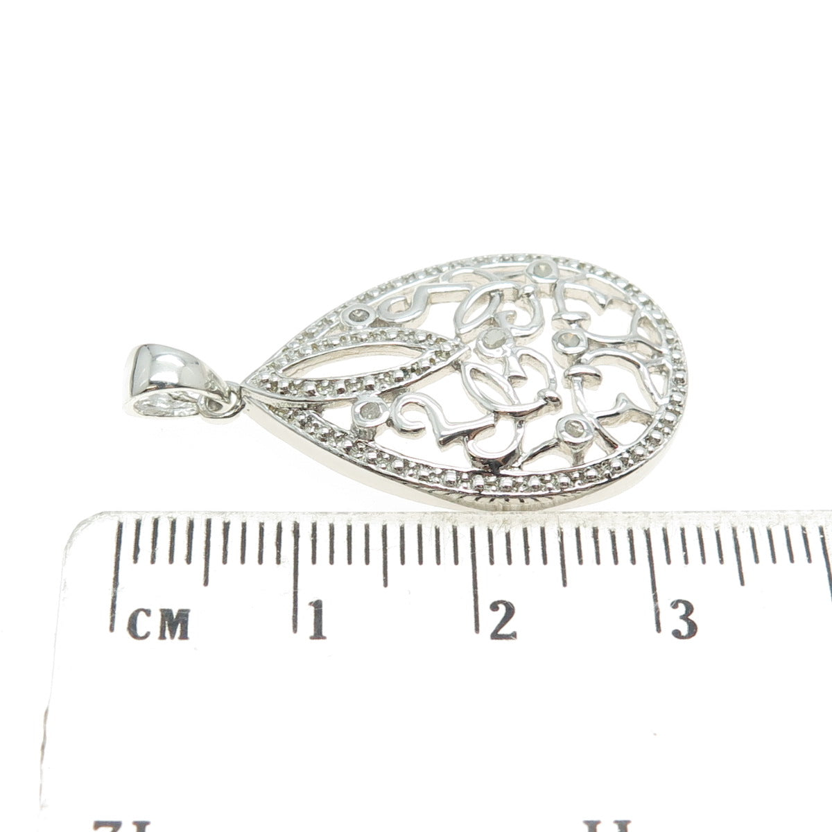 925 Sterling Silver Real Round-Cut Diamond Ornate Teardrop Pendant