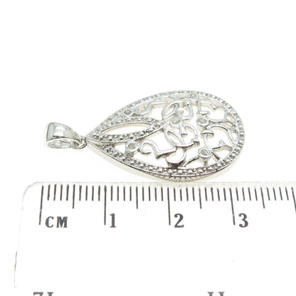 925 Sterling Silver Real Round-Cut Diamond Ornate Teardrop Pendant