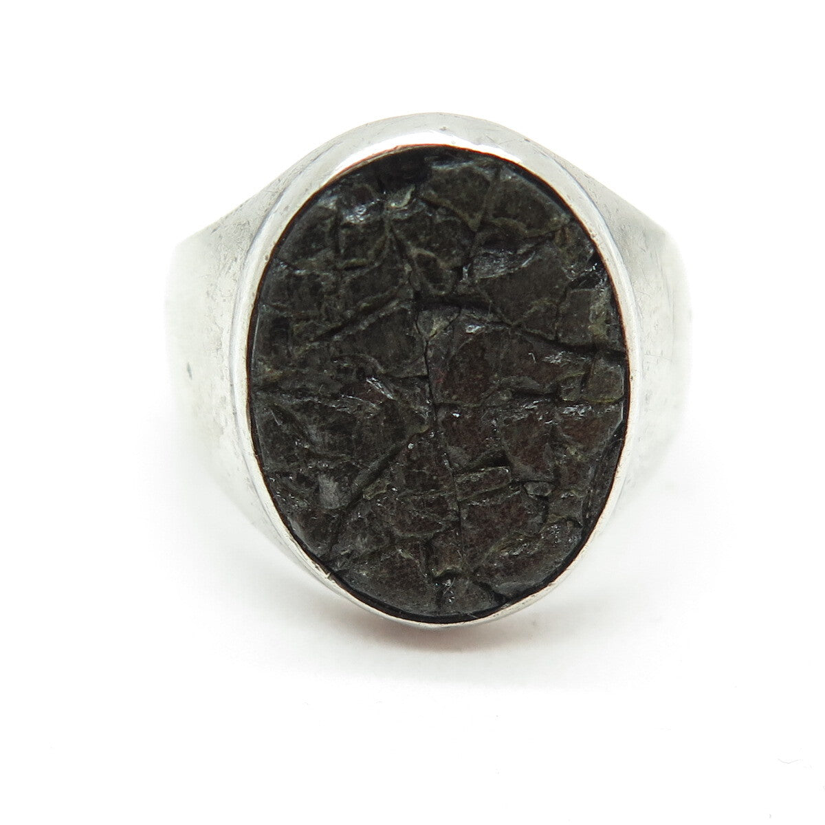 925 Sterling Silver Vintage Real Green Serpentine Inlay Signet Ring Size 8.75