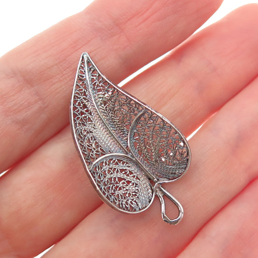 835 Silver Antique Art Deco Portugal Floral Leaf Filigree Oxidized Pin Brooch