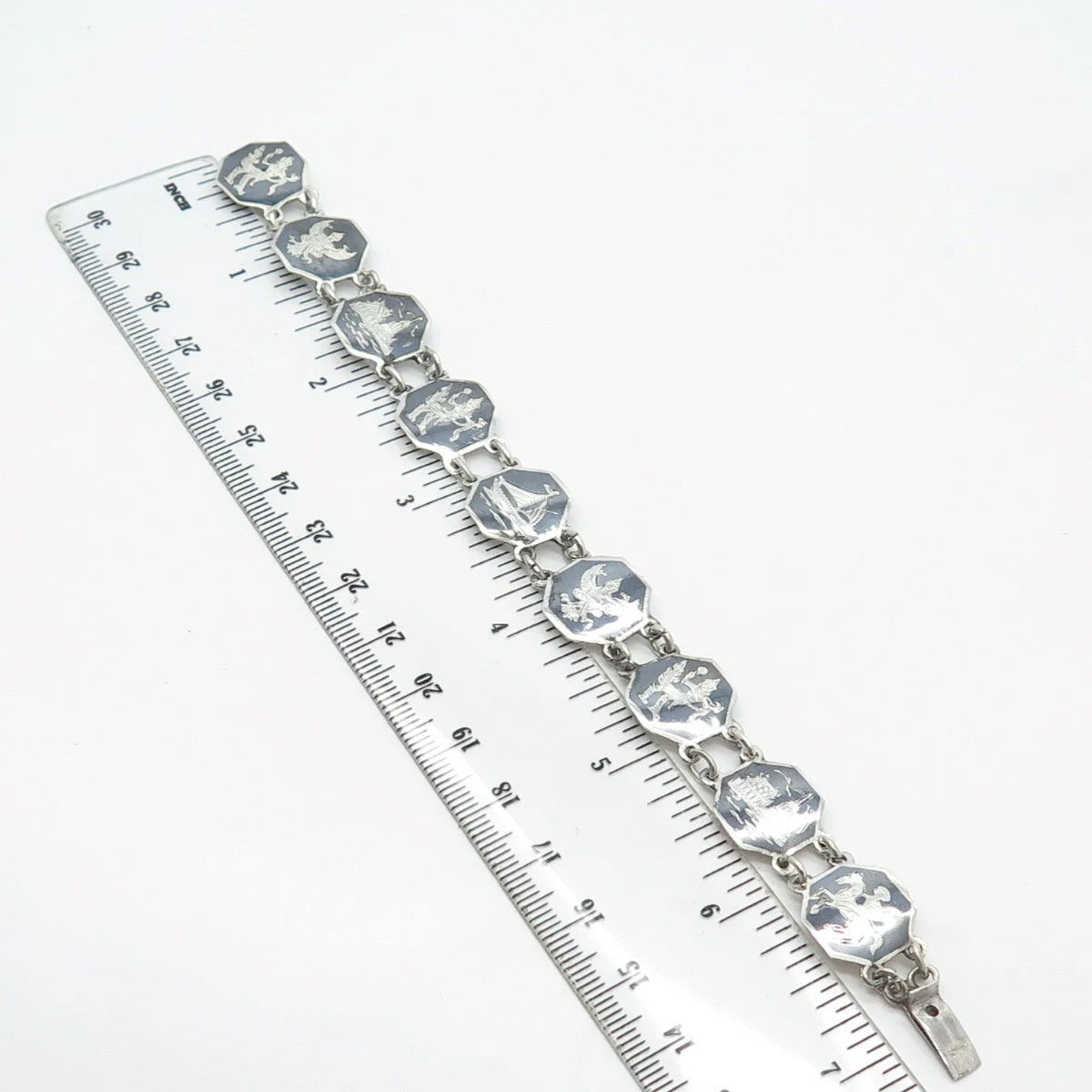 925 Sterling Silver Vintage Siam Niello Hindu Goddess Panel Link Bracelet 6.75"