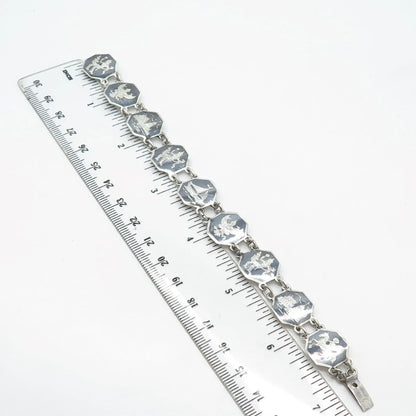 925 Sterling Silver Vintage Siam Niello Hindu Goddess Panel Link Bracelet 6.75"
