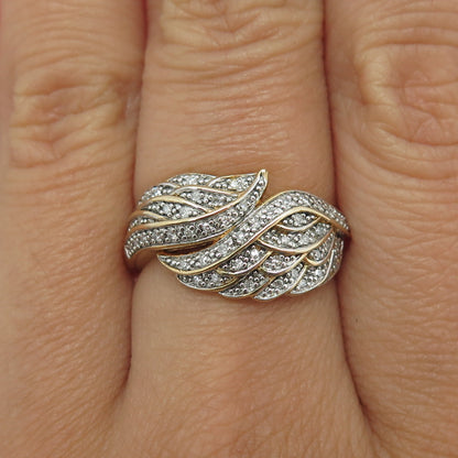 925 Sterling Silver Gold Plated Real Diamond Angel Wings Ring Size 7.25