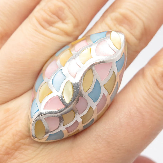 925 Sterling Silver Vintage Colorful Mother-of-Pearl Statement Ring Size 6.75