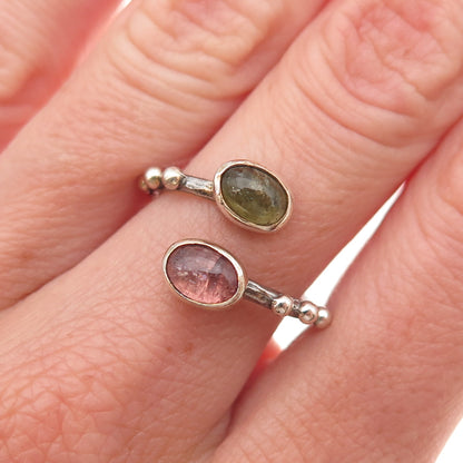 925 Sterling Silver Vintage Real Green & Pink Tourmaline Adjustable Ring Size 6