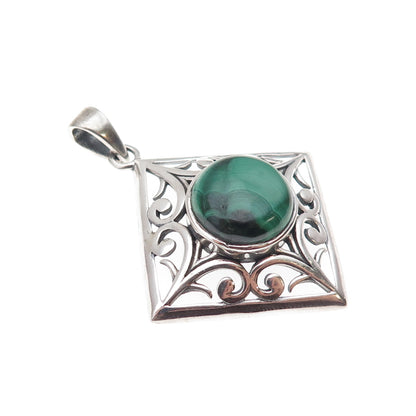 925 Sterling Silver Vintage Real Malachite Floral Oxidized Pendant