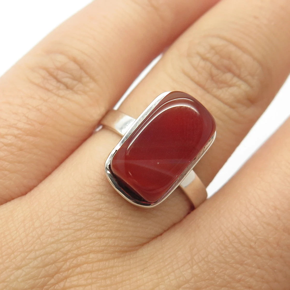 925 Sterling Silver Vintage Real Red Agate Gemstone Ring Size 7.25