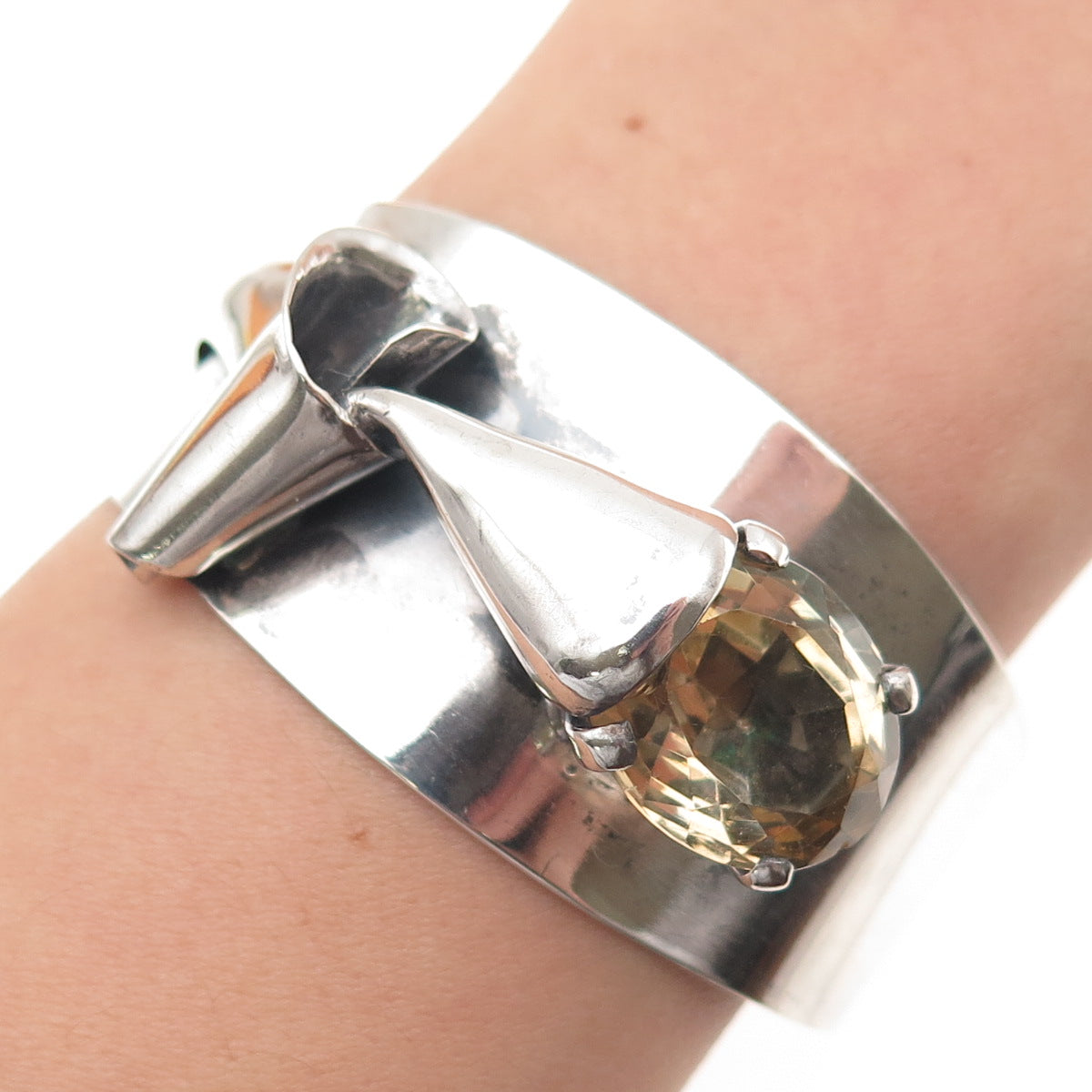 925 Sterling Silver Vintage Real Citrine Modernist Adjustable Cuff Bracelet 6.5"