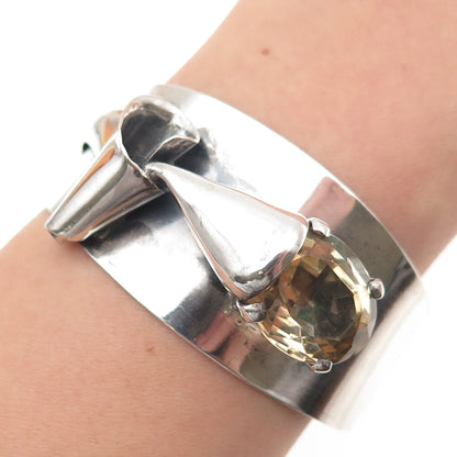 925 Sterling Silver Vintage Real Citrine Modernist Adjustable Cuff Bracelet 6.5"