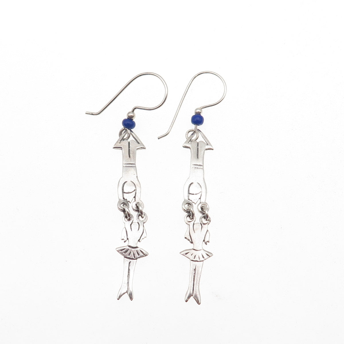 925 Sterling Silver Vintage Real Lapis Circus Acrobat Duet Dangle Earrings