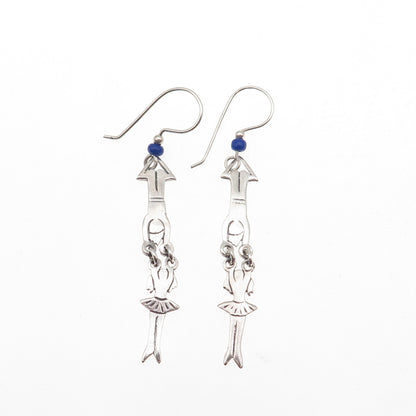 925 Sterling Silver Vintage Real Lapis Circus Acrobat Duet Dangle Earrings