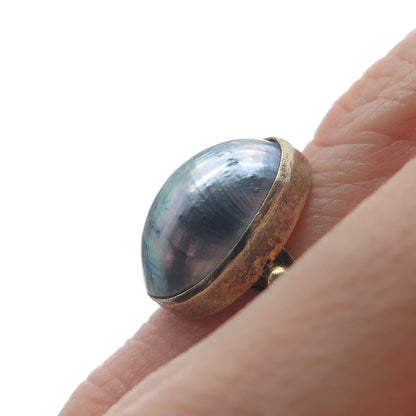925 Sterling Silver 2-Tone Vintage Real Mother-of-Pearl Modernist Ring Size 4