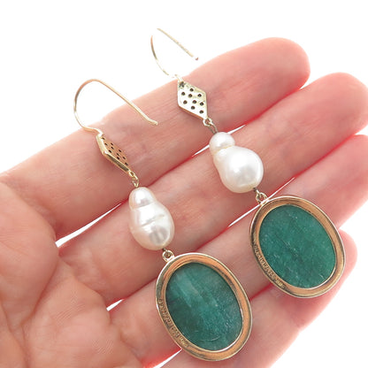 925 Sterling Silver Gold Plated Real Diamond Emerald & Pearl Dangle Earrings
