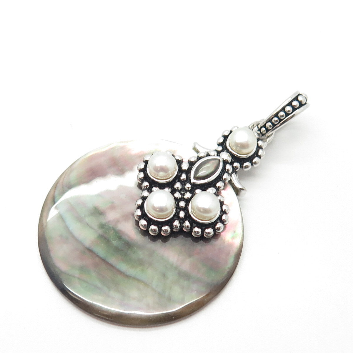 925 Sterling Silver Vintage Real Pearl & Mother-of-Pearl Amulet Pendant