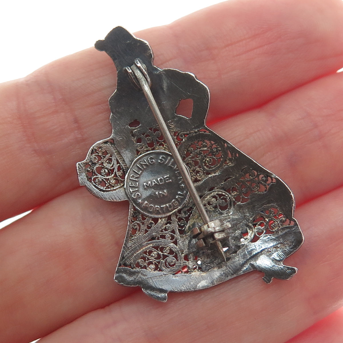 925 Sterling Silver Vintage Portugal Enamel Lady Filigree Oxidized Pin Brooch