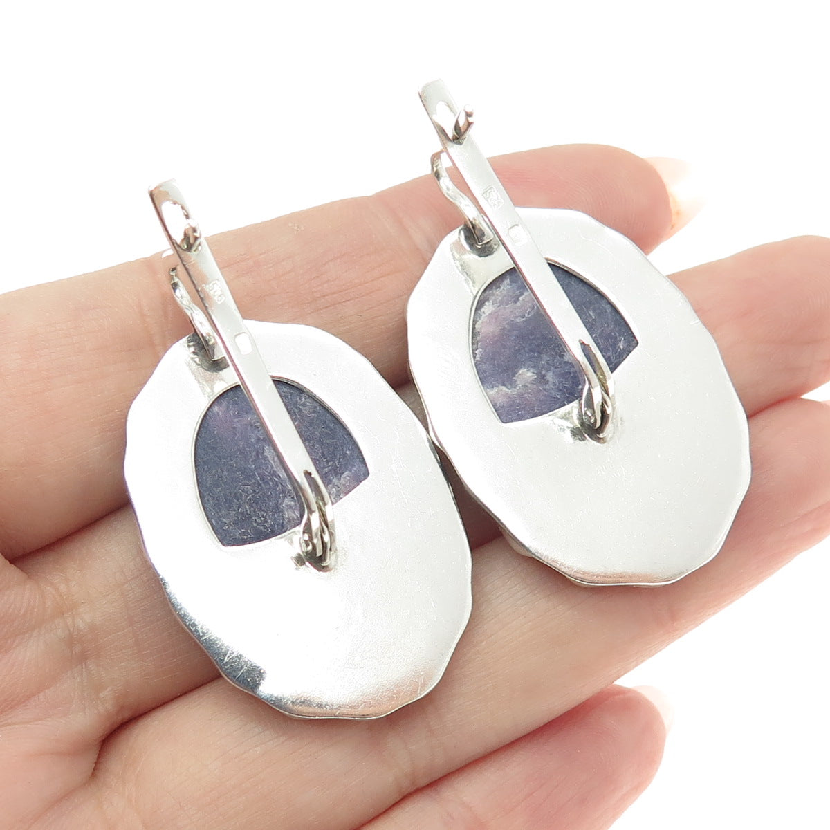 925 Sterling Silver Vintage Portugal Real Charoite Gemstone Modernist Earrings