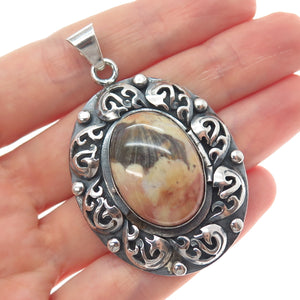 925 Sterling Silver Vintage Mexico Real Jasper Floral Oxidized Charm Pendant