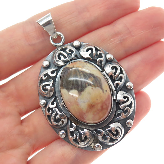 925 Sterling Silver Vintage Mexico Real Jasper Floral Oxidized Charm Pendant