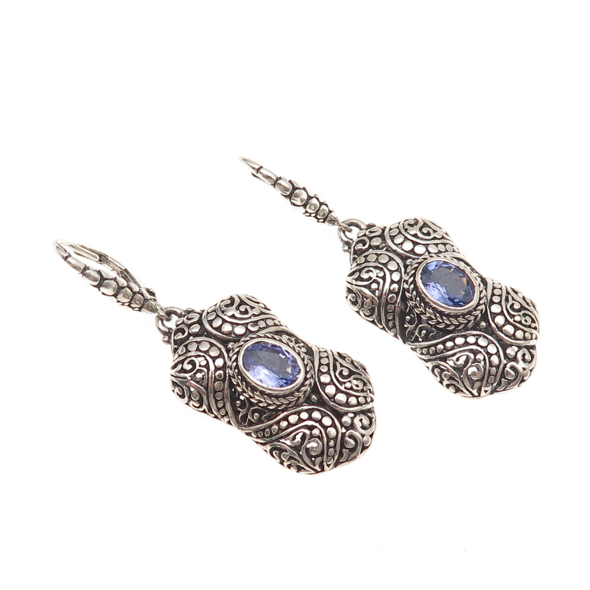 Sarda 925 Sterling Silver Vintage Real Iolite Ornate Oxidized Dangle Earrings