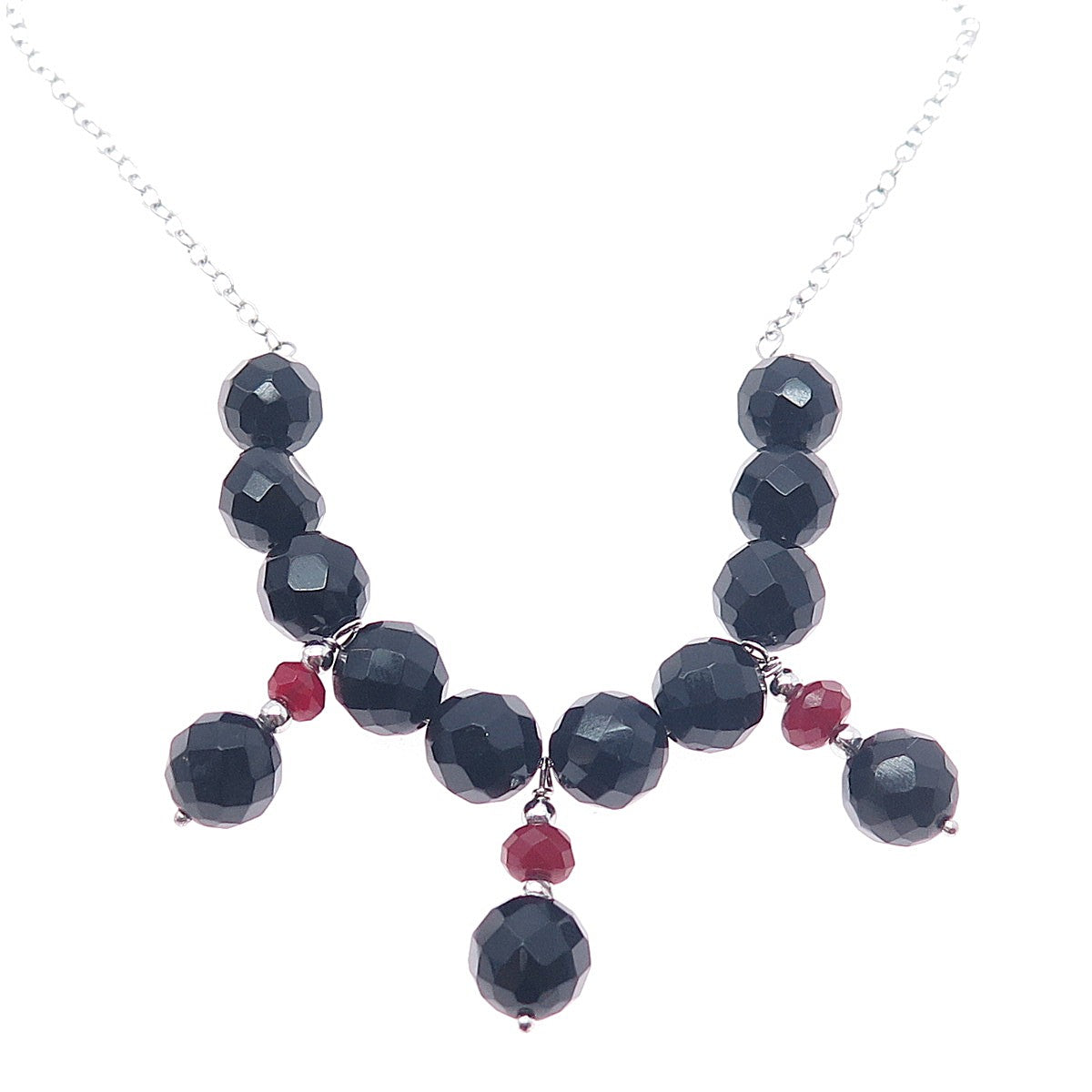 925 Sterling Silver Real Black Onyx & Carnelian Beaded Chain Necklace 16-18"