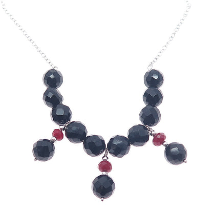 925 Sterling Silver Real Black Onyx & Carnelian Beaded Chain Necklace 16-18"