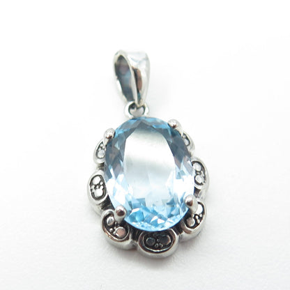 925 Sterling Silver Vintage Real White Diamond Accent & Blue Topaz Gem Pendant