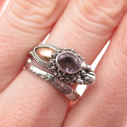 925 Sterling Silver & Gold Vintage Real Amethyst Dragon Adjustable Ring Size 8