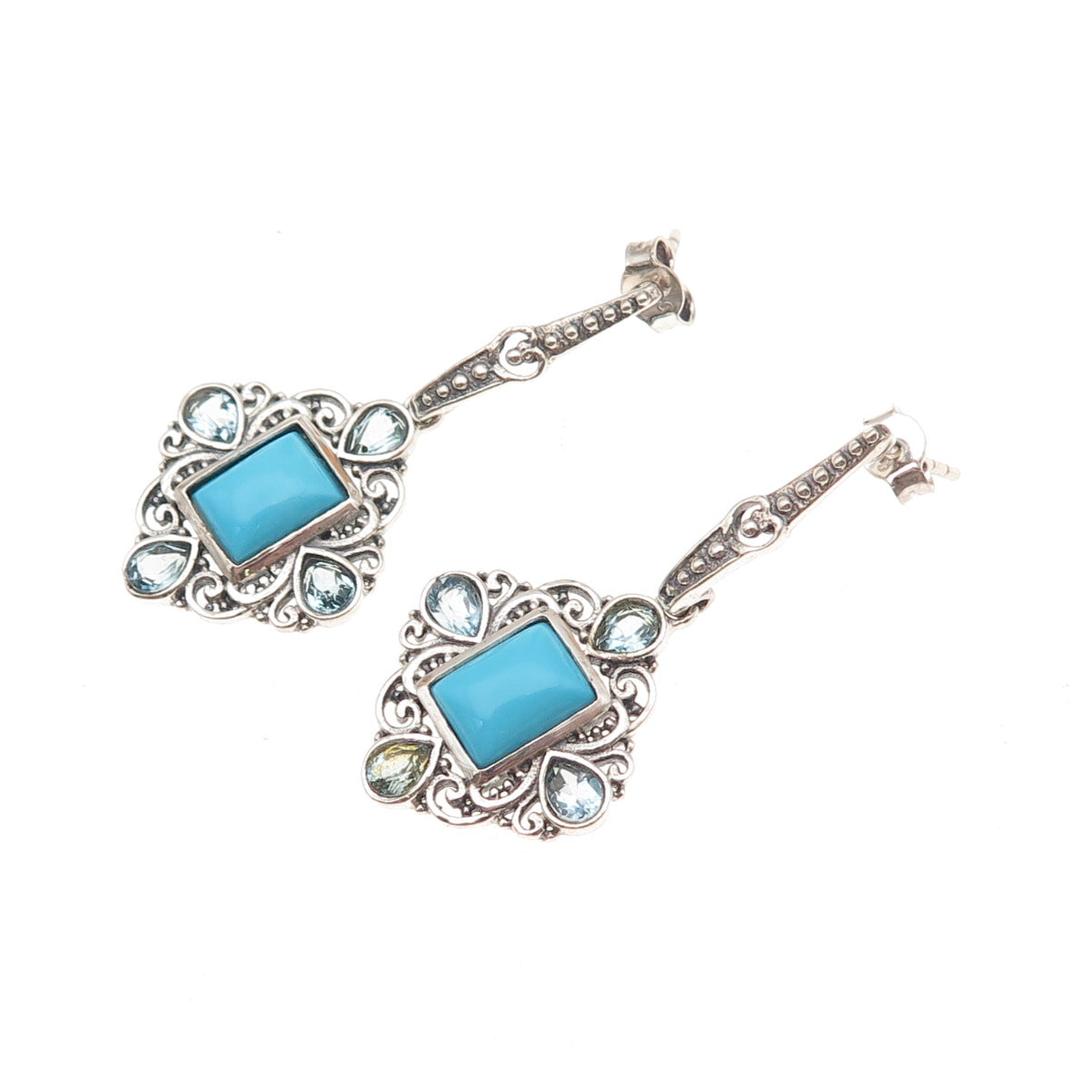 925 Sterling Silver Vintage Real Turquoise & Blue Topaz Dangle Earrings