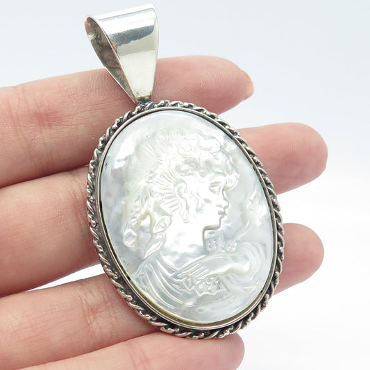 JAY KING DESERT ROSE 925 Sterling Silver Vintage MOP Lady Cameo Oval Pendant