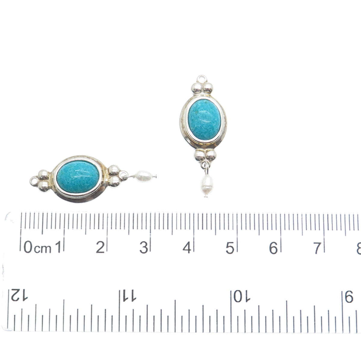 COLEMAN CO. Sterling Silver Vintage Real Turquoise Inlay & Pearl Jacket Earrings