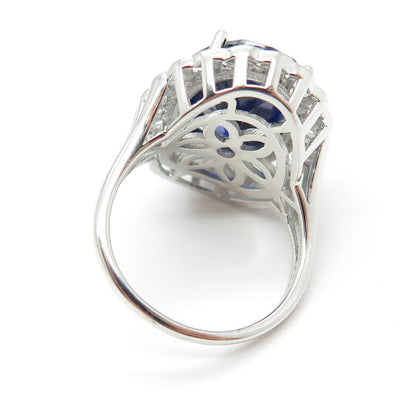 DSMK 925 Sterling Silver Oval-Cut Nano Sapphire & C Z Ring Size 7.25