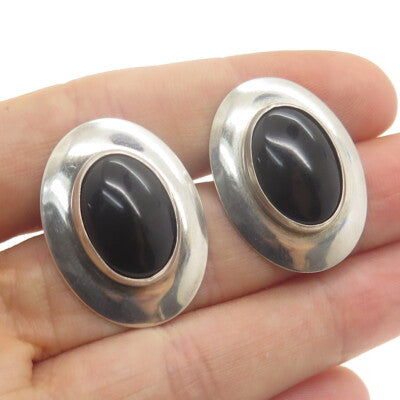 Old Pawn 925 Sterling Silver Vintage Southwestern Real Black Onyx Oval Earrings