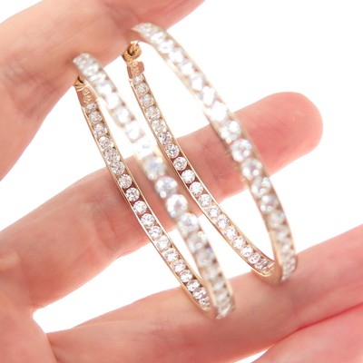 KLEO 925 Sterling Silver Gold Plated Round-Cut C Z In & Out Large Hoop Earrings