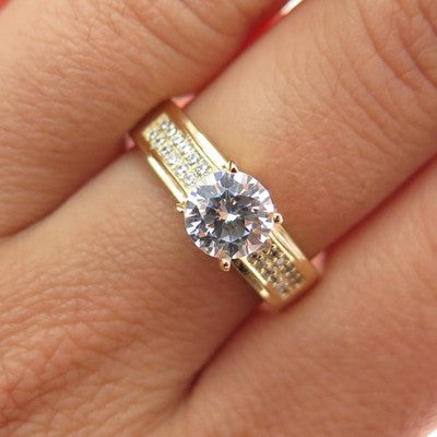925 Sterling Silver Gold Plated Round-Cut C Z Engagement Ring Size 7.5