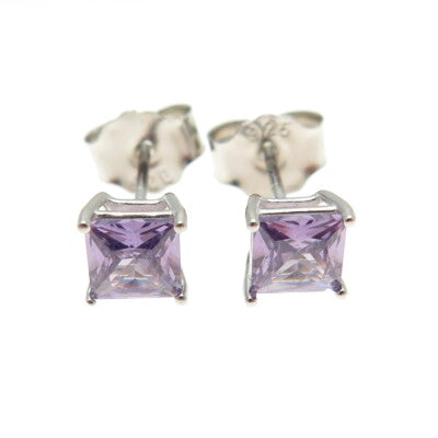 925 Sterling Silver Princess-Cut Shaped Purple C Z Stud Earrings