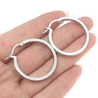 925 Sterling Silver Round-Cut All Around C Z Hoop Earrings