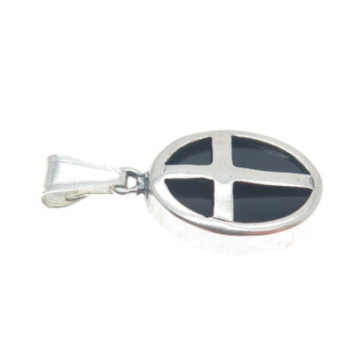 925 Sterling Silver Vintage Real Black Onyx Gem Cross Oval Minimalist Pendant