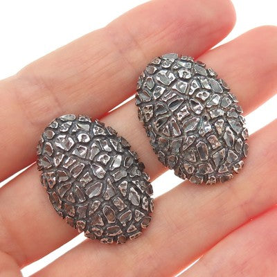 925 Sterling Silver Vintage Modernist Nugget Dome Oxidized Clip On Earrings