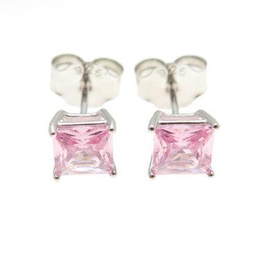 925 Sterling Silver Princess-Cut Shaped Pink C Z Stud Earrings