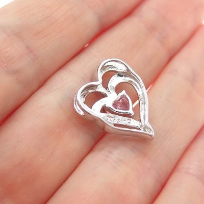 SAI 925 Sterling Silver Pink C Z Double Heart Minimalist Slide Charm Pendant