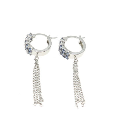925 Sterling Silver Blue C Z Hinged Hoop w/Chain Earrings