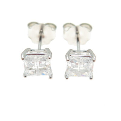 925 Sterling Silver Princess-Cut Shaped White C Z Stud Earrings