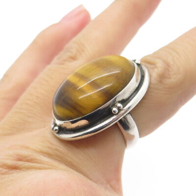 925 Sterling Silver Vintage Real Tiger Eye Gemstone Ring Size 3.75