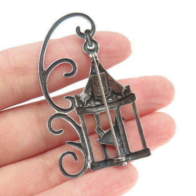LANG 925 Sterling Silver Antique Art Deco Bird in a Cage Pin Brooch