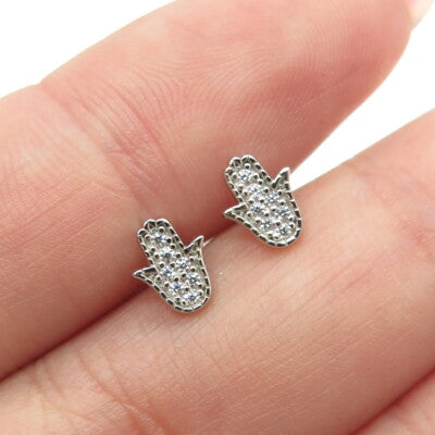 925 Sterling Silver Round-Cut C Z Hamsa Amulet Stud Earrings