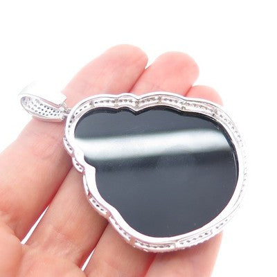 925 Sterling Silver Real Black Onyx & C Z Buddha Pendant