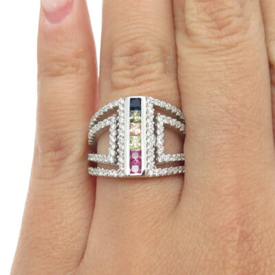 925 Sterling Silver Multi-Color C Z Geometric Ring Size 6.25