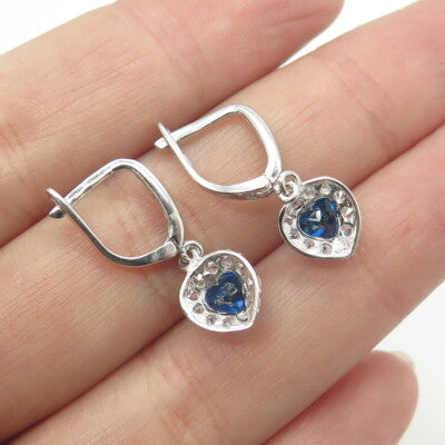 925 Sterling Silver White & Blue C Z Heart Dangling Earrings