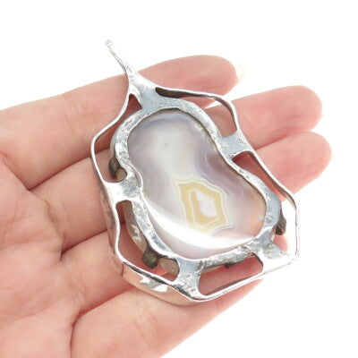 925 Sterling Silver Vintage Real Colorful Agate Gemstone Modernist Pendant