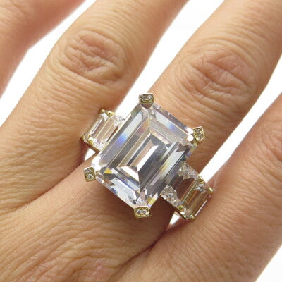 925 Sterling Silver Gold Plated Emerald-Cut Shaped C Z Ring Size 7